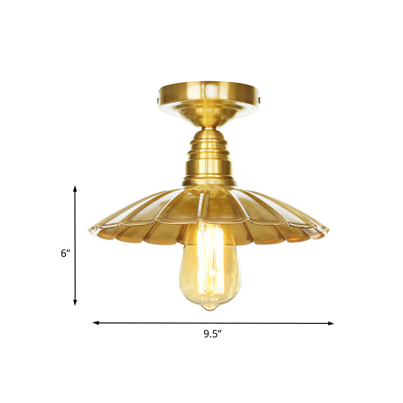 Vintage Waveforms/Scalloped Shade Semi Flush Ceiling Light - Brass Finish, 8"/9.5" W, Metal Fixture