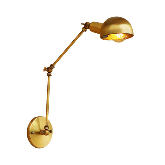 Vintage Style Metal Swing Arm Wall Lighting With Bowl Shade - 1 Light Brass Sconce For Study Room