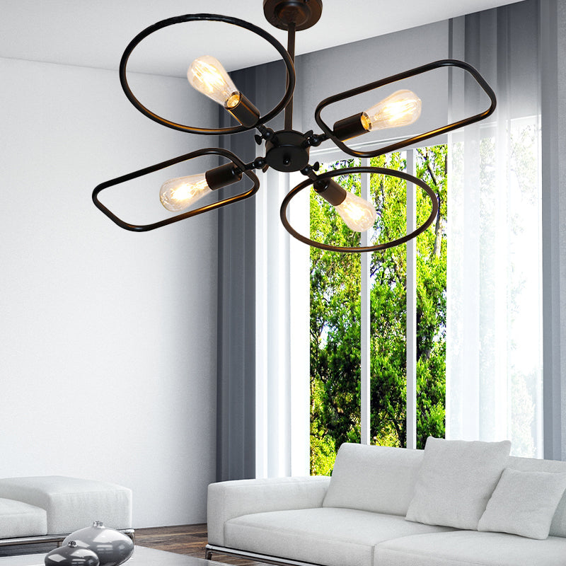 Retro Metal Geometric Chandelier Pendant Light With 4 Lights - Indoor Hanging Fixture In Black