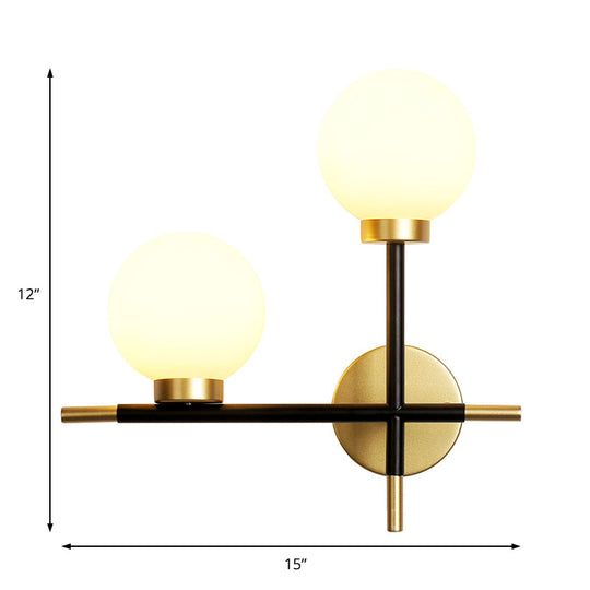 Modern Black Double Globe Wall Lamp With Cross Design - 2-Bulb Milky Glass Sconce Light Fixture For