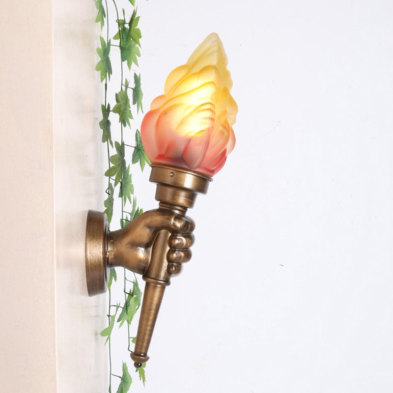 Rustic Glass Shade Wall Mount Torch Sconce Lighting In Bronze For Foyer