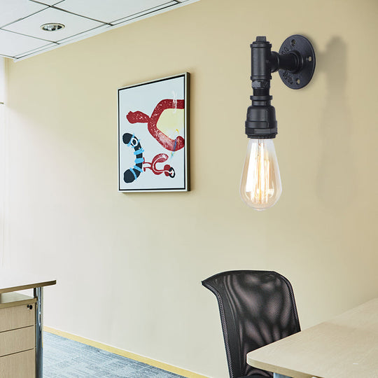 Industrial Exposed Bulb Wall Light With Pipe In Black For Corridors