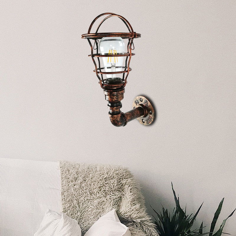 Wire Cage Sconce With Industrial Pipe & Rust Finish