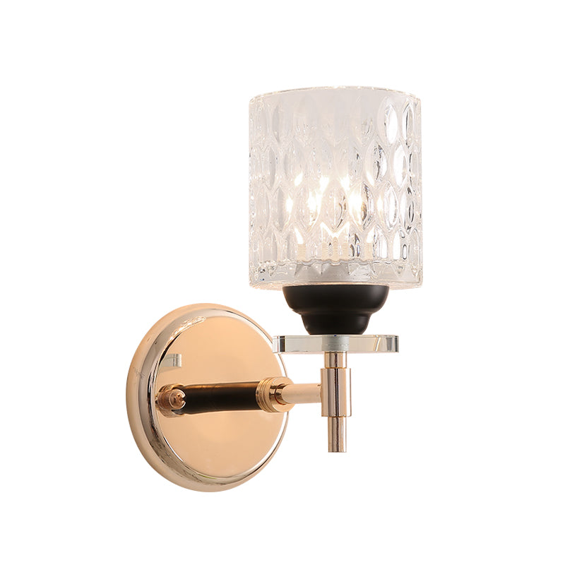 Modern Dimpled Glass Cylinder Wall Sconce - 1-Light Fixture In Black/Chrome