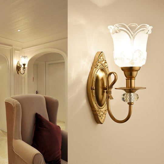 Contemporary Frosted Glass Petal Wall Lamp With Crystal Deco - Gold Finish