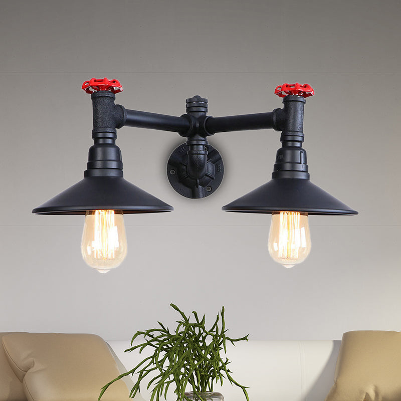 Industrial Style Sconce Light With Cone Shade Valve Wheel And Pipe In Black (2 Bulbs)