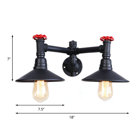 Industrial Style Sconce Light With Cone Shade Valve Wheel And Pipe In Black (2 Bulbs)