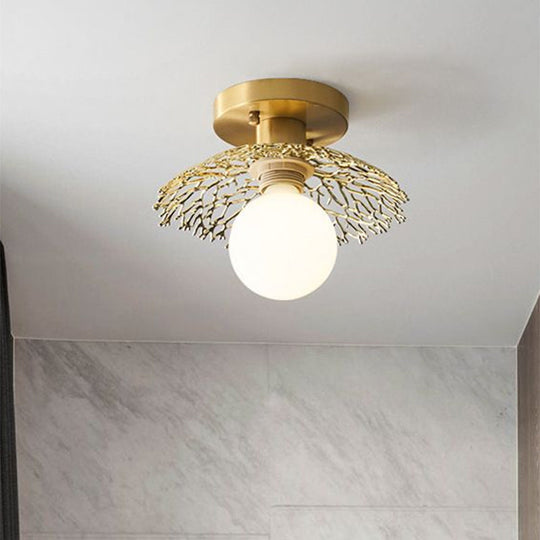 Sleek Brass Flush Lamp with Modern Cottage Cage Design - Single Head Metallic Semi Flush Ceiling Light