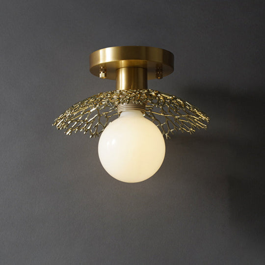 Sleek Brass Flush Lamp with Modern Cottage Cage Design - Single Head Metallic Semi Flush Ceiling Light