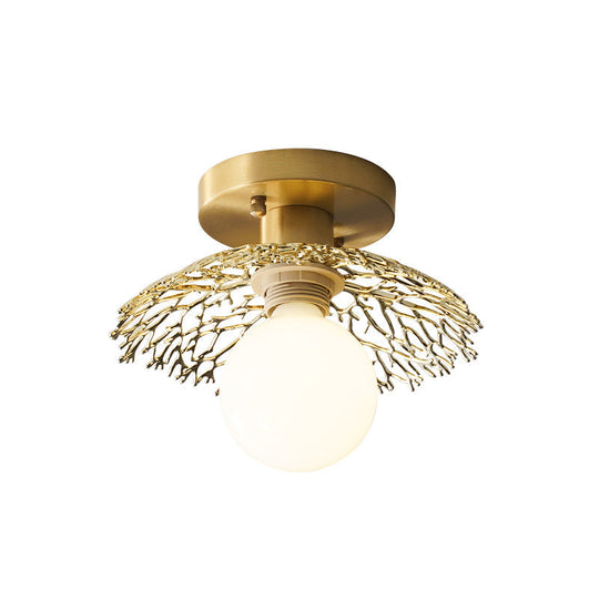 Sleek Brass Flush Lamp with Modern Cottage Cage Design - Single Head Metallic Semi Flush Ceiling Light