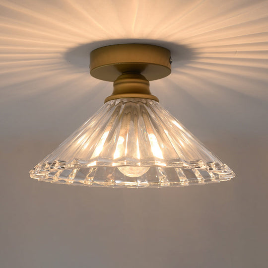 Brass Flush Mount Ceiling Light With Clear Ridged Glass - Traditional Tapered Single Head Lamp