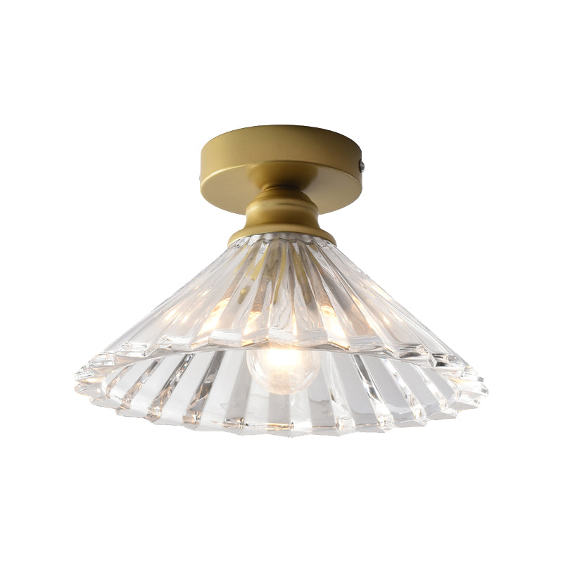 Brass Flush Mount Ceiling Light With Clear Ridged Glass - Traditional Tapered Single Head Lamp