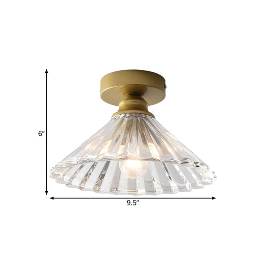 Brass Flush Mount Ceiling Light With Clear Ridged Glass - Traditional Tapered Single Head Lamp