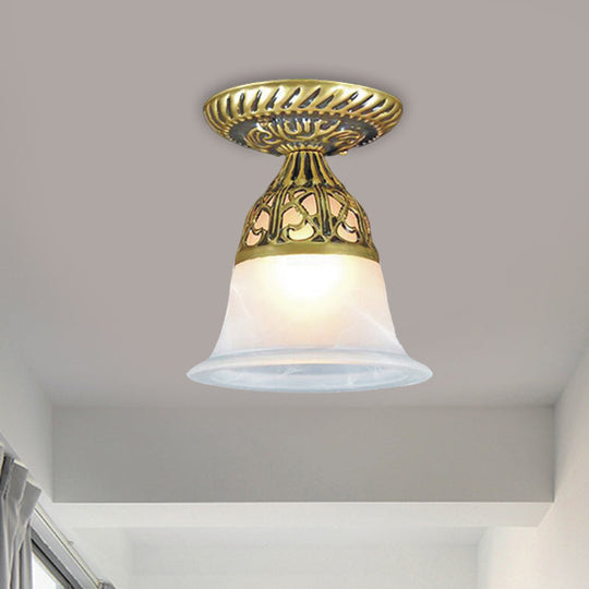 Frosted Glass Farmhouse Flush Mount Lamp - Bell Shape, 1-Head Brass Ceiling Light Fixture for Hallways