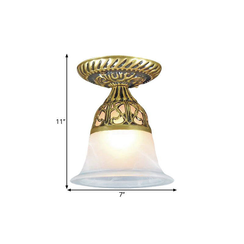 Frosted Glass Farmhouse Flush Mount Lamp - Bell Shape, 1-Head Brass Ceiling Light Fixture for Hallways