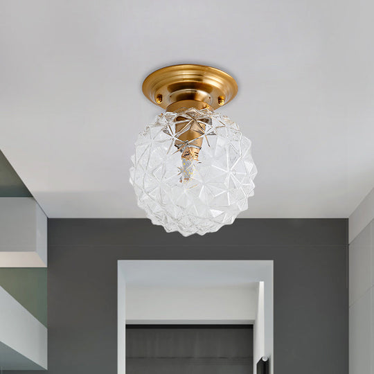 Countryside Blue/Clear/Smoke Gray Prismatic Glass Pine Cone Hallway Ceiling Lamp - Brass Flush Mount Light