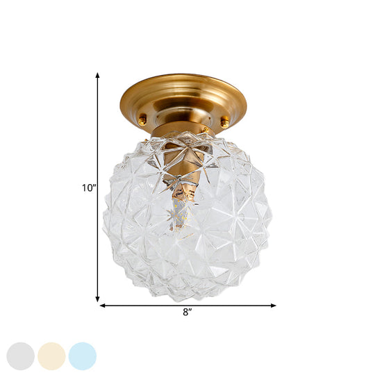 Countryside Blue/Clear/Smoke Gray Prismatic Glass Pine Cone Hallway Ceiling Lamp - Brass Flush Mount Light