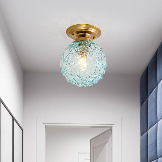 Countryside Blue/Clear/Smoke Gray Prismatic Glass Pine Cone Hallway Ceiling Lamp - Brass Flush Mount Light