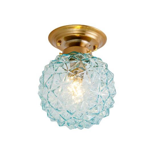 Countryside Blue/Clear/Smoke Gray Prismatic Glass Pine Cone Hallway Ceiling Lamp - Brass Flush Mount Light