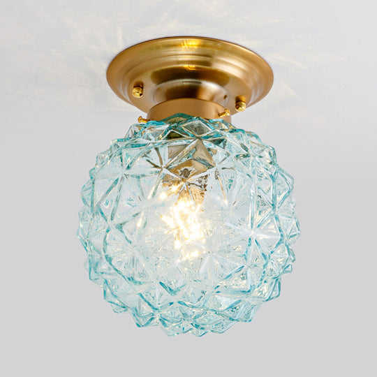 Countryside Blue/Clear/Smoke Gray Prismatic Glass Pine Cone Hallway Ceiling Lamp - Brass Flush Mount Light