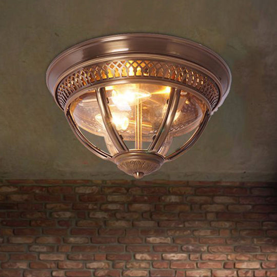 Antiqued Brass/Brown Semi Flush Lamp - Clear Glass 1-Light Mount With Pierced Trim Design Brass