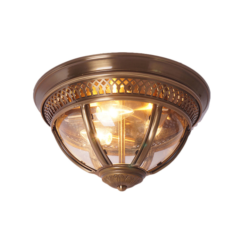 Antiqued Brass/Brown Semi Flush Lamp - Clear Glass 1-Light Mount With Pierced Trim Design