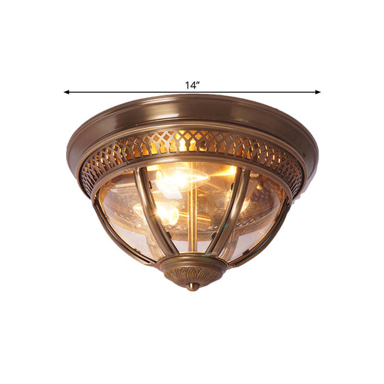 Antiqued Brass/Brown Semi Flush Lamp - Clear Glass 1-Light Mount With Pierced Trim Design