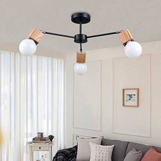 Semi Flush Industrial Ceiling Lamp with Wood Accents - 3/5-Light Metal Open Bulb Fixture for Bedroom