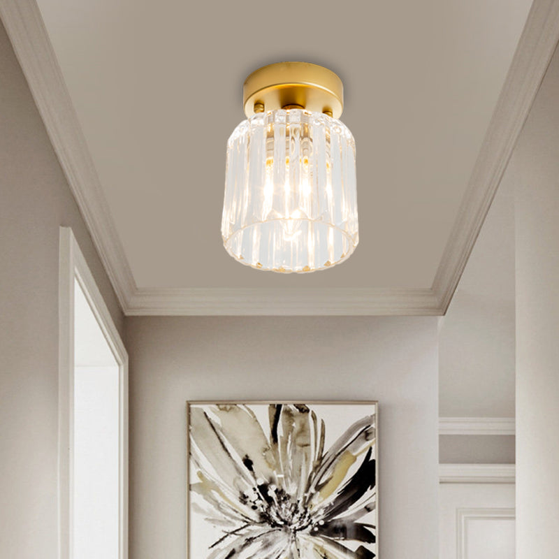 Farmhouse Brass Flush Mount Ceiling Light With Clear Ridged Glass