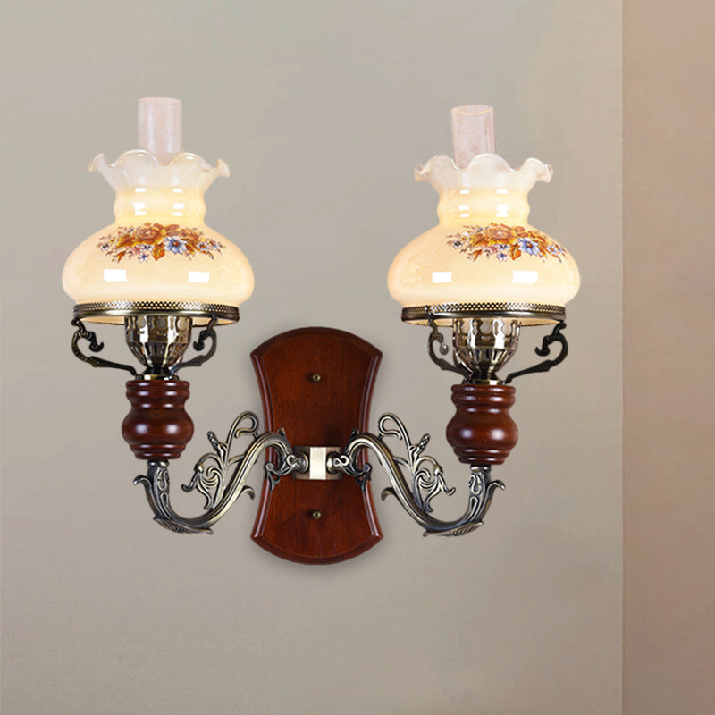 Traditional Opal Glass Wall Sconce Light With Flower Pattern - Brass 2 Bulbs