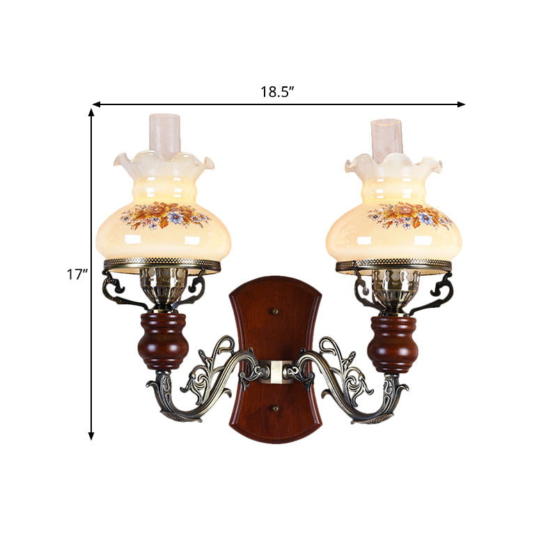 Traditional Opal Glass Wall Sconce Light With Flower Pattern - Brass 2 Bulbs