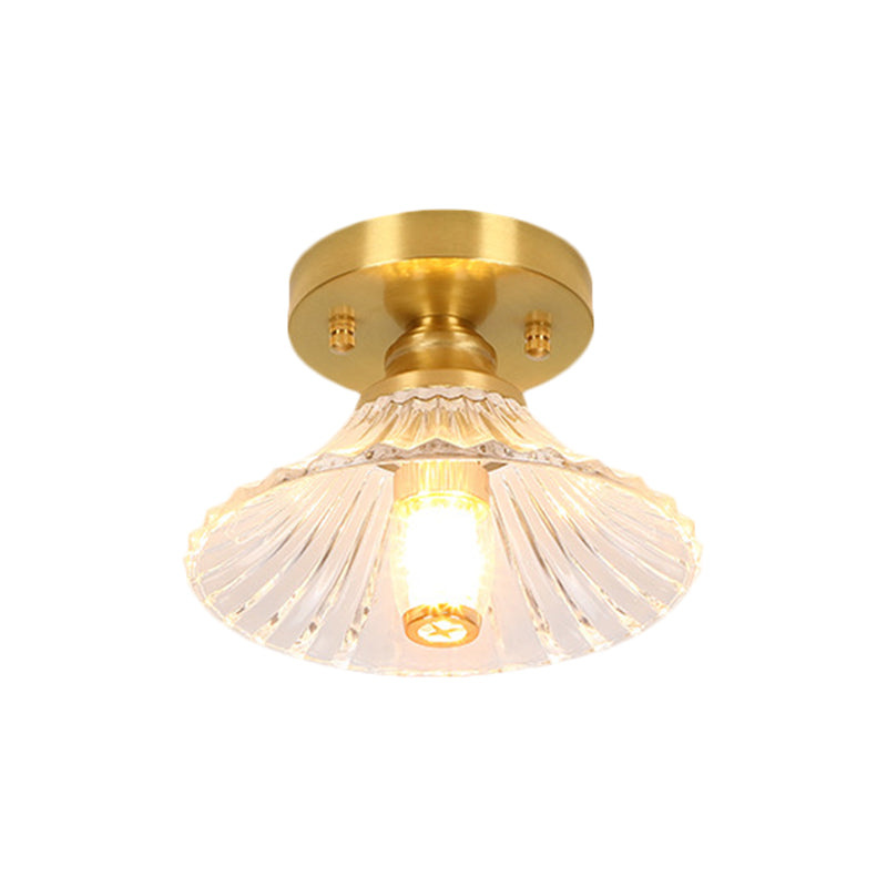 Classic Cone/Lotus Leaf/Floral Clear Glass Ceiling Light in Brass, 7.5-9" Wide