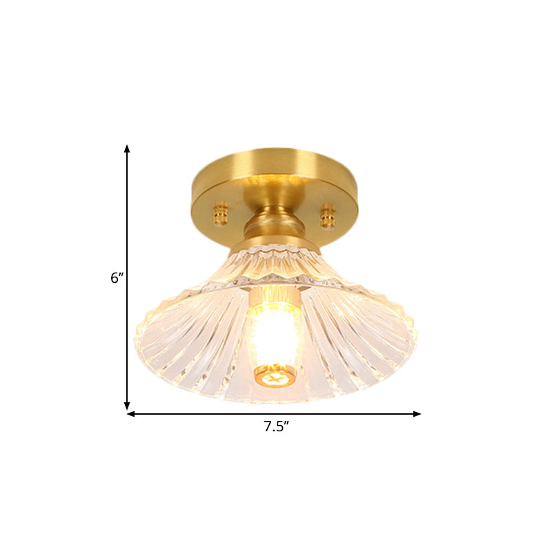 Classic Cone/Lotus Leaf/Floral Clear Glass Ceiling Light in Brass, 7.5-9" Wide