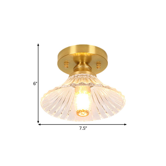 Classic Cone/Lotus Leaf/Floral Clear Glass Ceiling Light in Brass, 7.5-9" Wide