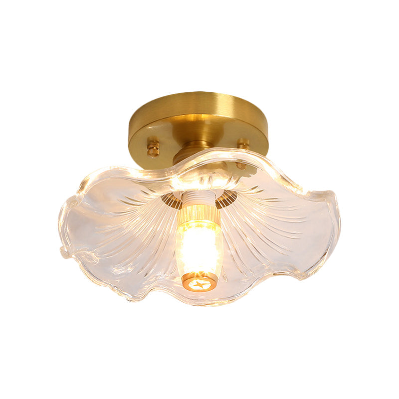 Classic Cone/Lotus Leaf/Floral Clear Glass Ceiling Light in Brass, 7.5-9" Wide