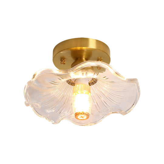 Classic Cone/Lotus Leaf/Floral Clear Glass Ceiling Light in Brass, 7.5-9" Wide