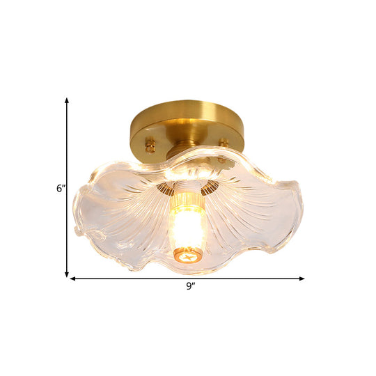 Classic Cone/Lotus Leaf/Floral Clear Glass Ceiling Light in Brass, 7.5-9" Wide