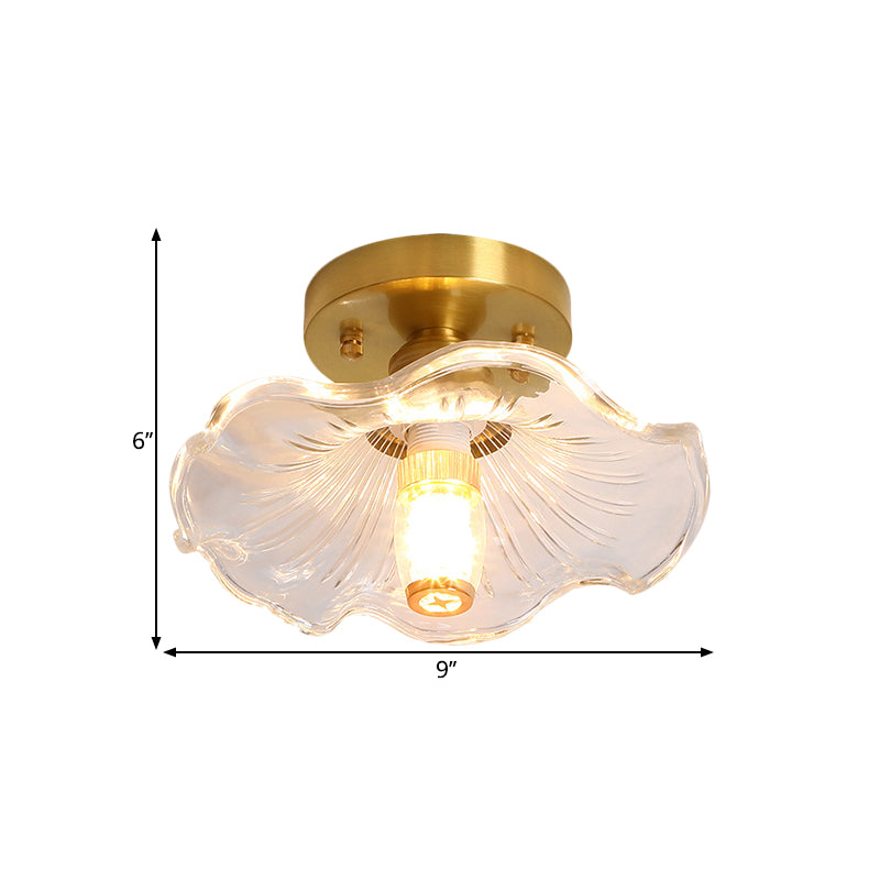 Classic Cone/Lotus Leaf/Floral Clear Glass Ceiling Light In Brass 7.5-9 Wide