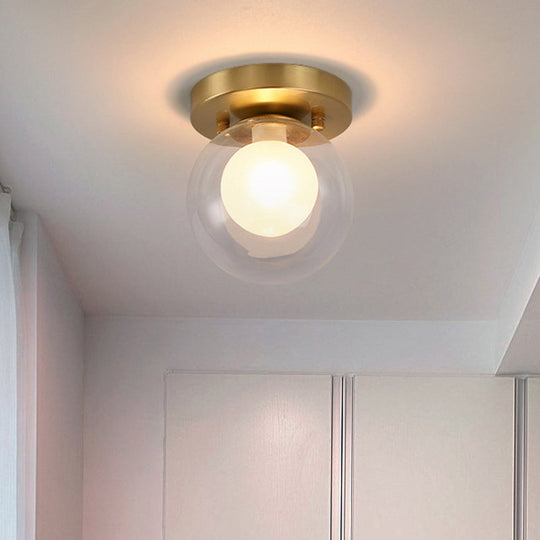 Brass Dual Orb Ceiling Flush Mount Fixture with Clear and Opal Glass