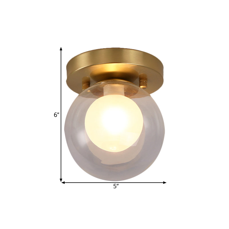 Brass Dual Orb Ceiling Flush Mount Fixture with Clear and Opal Glass