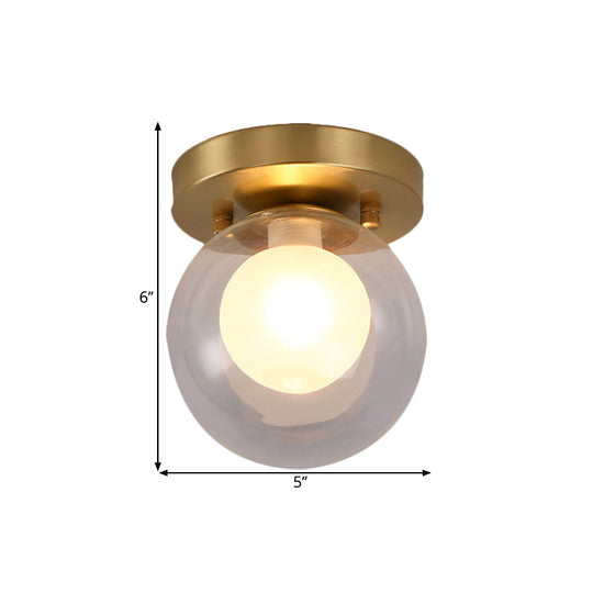 Brass Dual Orb Ceiling Flush Mount Fixture with Clear and Opal Glass