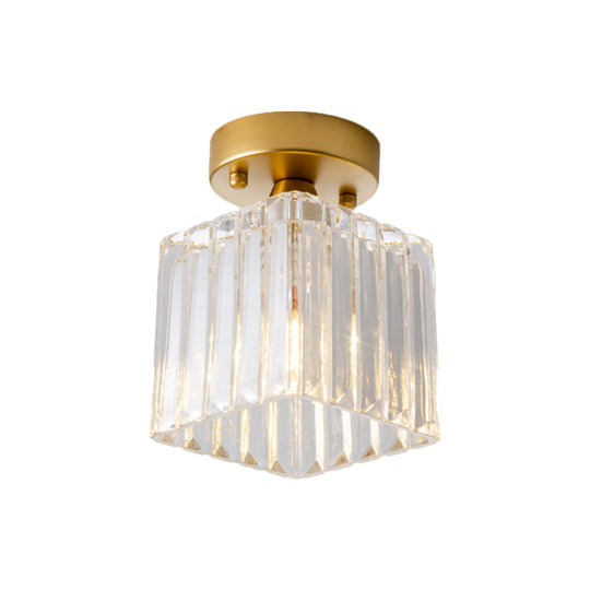 Antiqued Clear Fluted Glass Brass Flush Mount Lamp - Small Cubic Ceiling Fixture