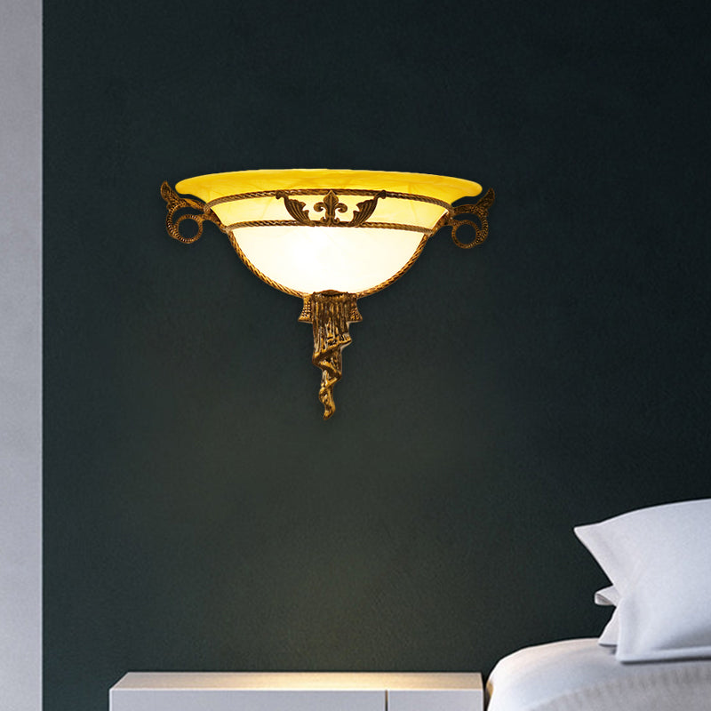 Antiqued Brass Wall Sconce With Milky Glass Bowl - 1 Light Flush Mount For Bedroom