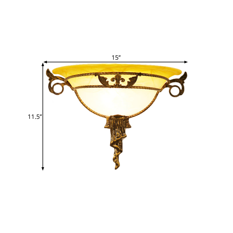 Antiqued Brass Wall Sconce With Milky Glass Bowl - 1 Light Flush Mount For Bedroom