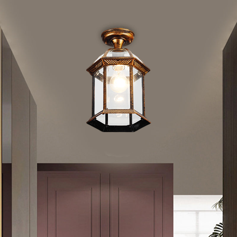 Traditional Flush Mount Cage Lantern with Single Bulb in Black/Brass, 8"/9.5" Wide