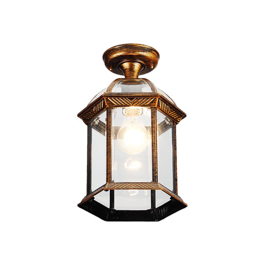 Traditional Flush Mount Cage Lantern with Single Bulb in Black/Brass, 8"/9.5" Wide