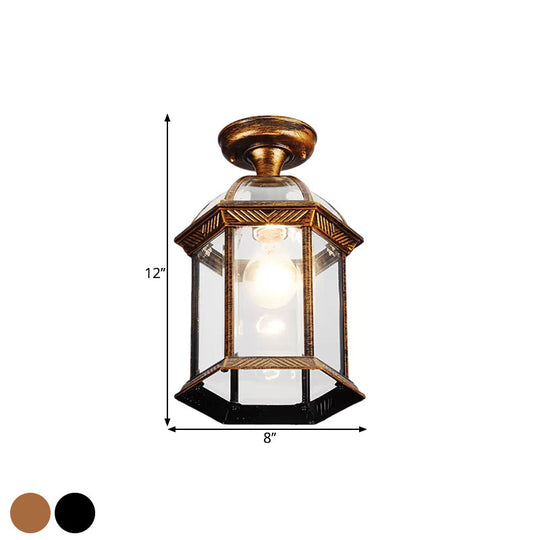 Traditional Flush Mount Cage Lantern with Single Bulb in Black/Brass, 8"/9.5" Wide