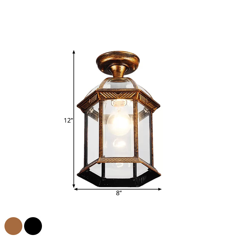 Traditional Flush Mount Cage Lantern With Single Bulb In Black/Brass 8/9.5 Wide