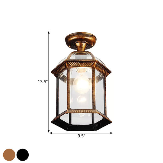 Traditional Flush Mount Cage Lantern with Single Bulb in Black/Brass, 8"/9.5" Wide