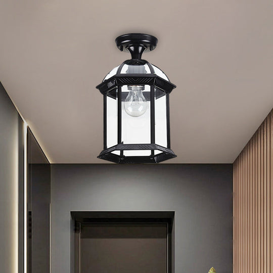 Traditional Flush Mount Cage Lantern with Single Bulb in Black/Brass, 8"/9.5" Wide